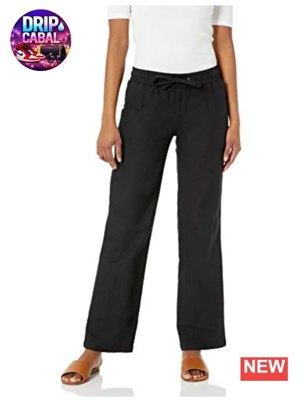 Linen Blend Drawstring Relaxed Wide Leg Pants Mid Rise